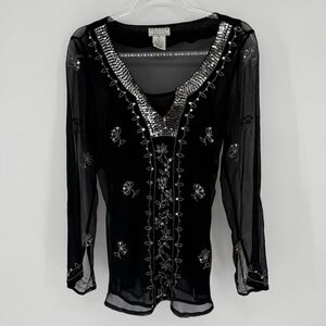Y2K Womens Top Medium Petite Black Sheer Silk Embroidered Boho Witchy Whimsigoth